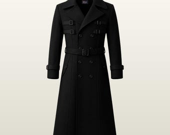 Men's Black Military Trench Coat | Wool Velvet Cotton Overcoat | Gothic Steampunk Long Jacket |