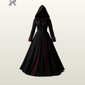 May include: A long black hooded coat with burgundy detailing. The coat has a button-down front, long sleeves with burgundy cuffs, and a flowing skirt. The interior lining and trim are burgundy, creating a striking contrast.