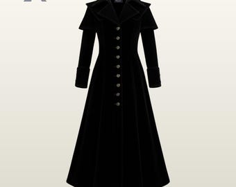May include: A long, black velvet coat with a button-down front and a flared skirt. The coat features a unique cape-like collar and long sleeves with cuff details. The buttons are a gold color. The coat is a classic, elegant design.