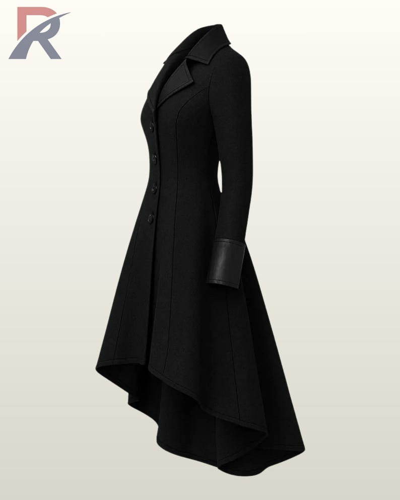 May include: A black, long-sleeved coat with a tailored fit. The coat features a notched collar, button closure, and a flared, asymmetrical hemline. The sleeves have black leather cuffs. The coat is approximately 48 inches long at the longest point.
