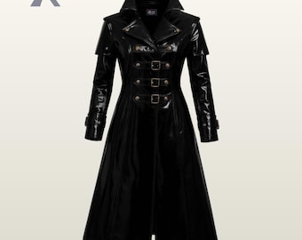 Women Gothic Black PVC Vinyl Coat  Patent Leather Trench Jacket Wet Matrix Style Coat