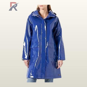 May include: A shiny, royal blue raincoat with a hood and pockets. The long, button-up coat has a waterproof finish. The coat is worn over a light-coloured top and blue jeans. The raincoat is a stylish outerwear option.