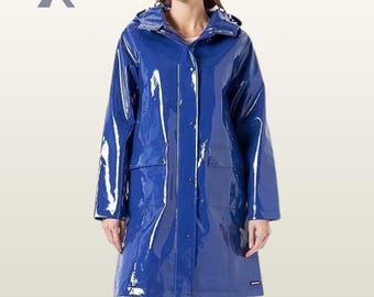 Glossy PVC Hooded Raincoat | Waterproof Vinyl Long Jacket