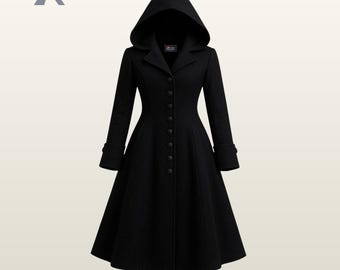 Women's Black Gothic Hooded Trench Coat | Victorian Steampunk Overcoat | Medieval Jacket | Vampire Witch Cosplay