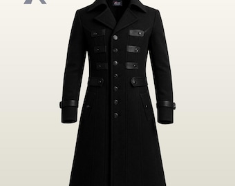 Black Military Coat Men Leather Trim Gothic Steampunk Trench Coat All Sizes Long Jacket
