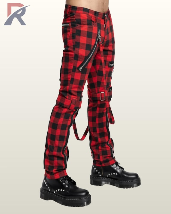 Multi-color Plaid Punk Pants | Gothic Tartan Jeans With Straps