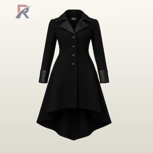 May include: A black coat with a high-low hemline, featuring a leather collar and cuffs. The coat has a tailored fit with a button-down front. The design includes a flared skirt and long sleeves, offering a classic and elegant look.