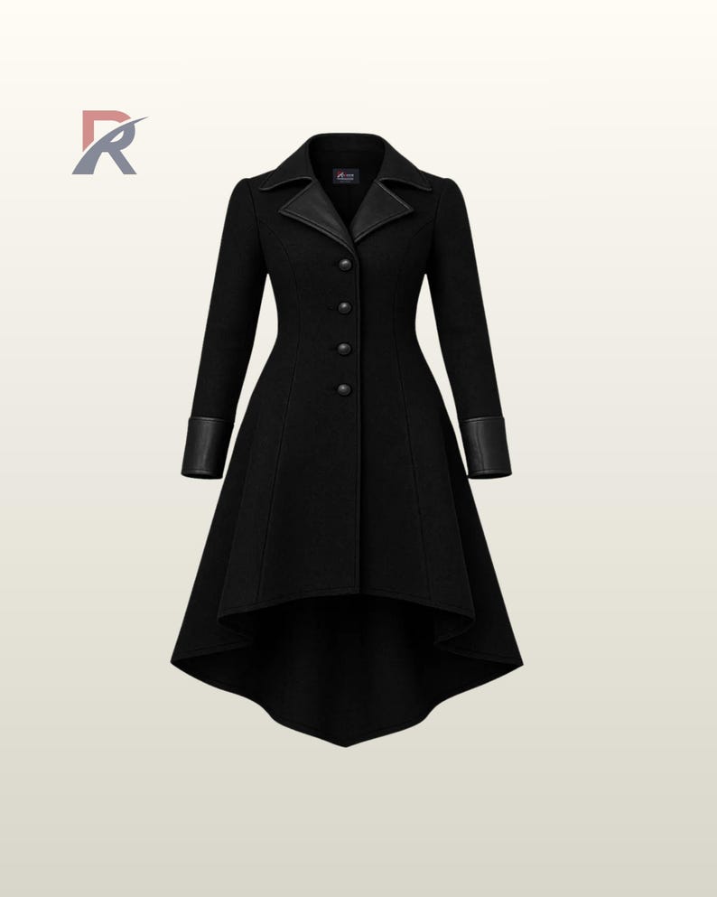 May include: A black coat with a high-low hemline, featuring a leather collar and cuffs. The coat has a tailored fit with a button-down front. The design includes a flared skirt and long sleeves, offering a classic and elegant look.