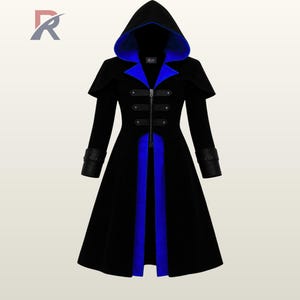 Dames gotische pvc-jas met capuchon - Steampunk lange jas in militaire stijl met kleuraccenten