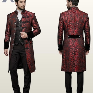 Men's Victorian Steampunk Long Coat | Gothic Damask Brocade Wedding Jacket | Regency Aristocrat Frock Coat | Red, Blue, Gold, Black