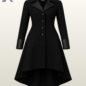 May include: A black coat with a unique design. The coat features a leather collar and cuffs, a button-down front, and a flared skirt. The coat has a high-low hemline. The coat is a stylish piece of outerwear.