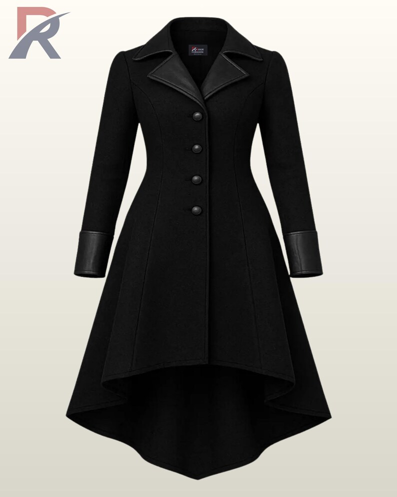 May include: A black coat with a unique design. The coat features a leather collar and cuffs, a button-down front, and a flared skirt. The coat has a high-low hemline. The coat is a stylish piece of outerwear.