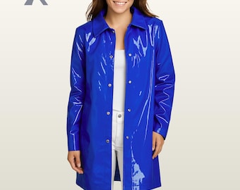 PVC Patent Leather Trench Coat, Waterproof Vinyl Rain Jacket