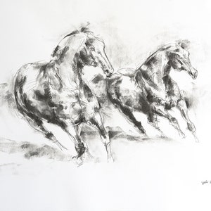 Original Charcoal Drawing of two Horses which impose themself for hierarchy image 2