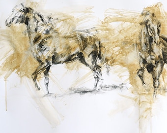 Originele hedendaagse kunsttekening in houtskool en zwart krijt van 2 galopperende paarden