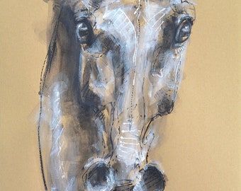 Acrylic Painting on Brown Paper of a Horse Head by French Artist