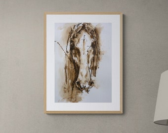 Peinture d'Art Original à l'encre d'une tête de cheval en sépia sur papier