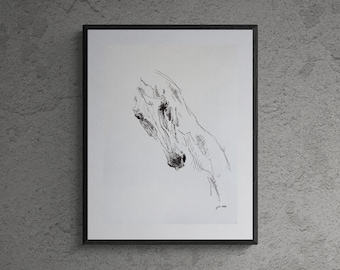 Original Black Ink Art Painting of an Expressive Horse Head