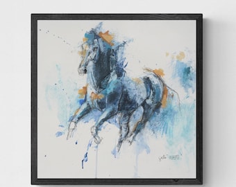 キャンバスに描かれた、疾走する馬を描いたオリジナルの現代アクリル画