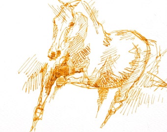 Raw Sienna Ink Art Drawing on Paper of a Galloping Horse