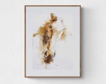 Mixed media fine art schilderij van een expressief okergeel paardenhoofd