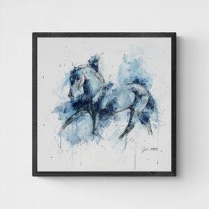 Dipinto originale e moderno in acrilico e gesso nero su tela di un cavallo da dressage
