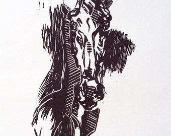 Limited Linocut Prints on Paper of a horse head with bistre ink
