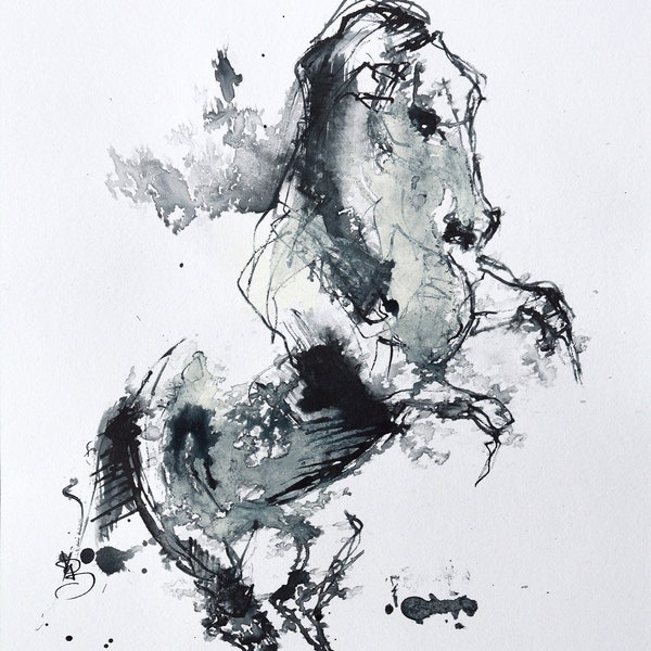 Dessin à l'encre gris de payne sur papier d'un cheval qui se cabre