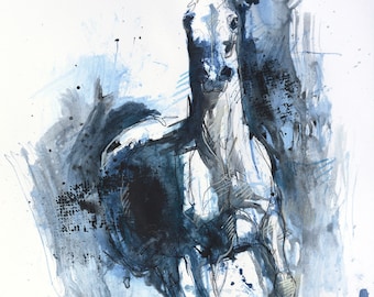 Original Blue Ink Art Painting of an Expressive Arabian Trotting Horse