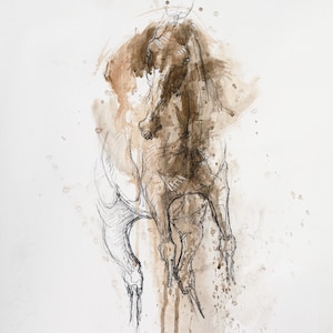 Origineel schilderij met gemengde media op papier van een speels paard