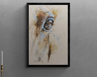 Original and modern mixed-media painting on canvas of an expressive horse's eye