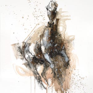 Origineel schilderij met gemengde media op papier van een galopperend paard