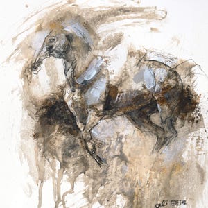 Origineel schilderij met gemengde media op papier van een galopperend paard