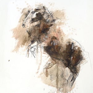 Original Mixed-Media-Gemälde auf Papier eines aufbäumenden Pferdes