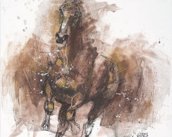 Dibujo al pastel y tiza negra de un expresivo caballo al galope.
