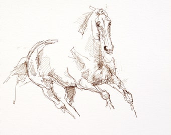 Burnt Umber Ink Art Drawing on Paper of a Galloping Horse