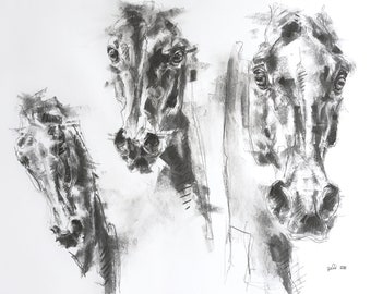 Original Charcoal and Black Chalk Drawing on paper of 3 Horses Heads, Contemporary Original Fine Art