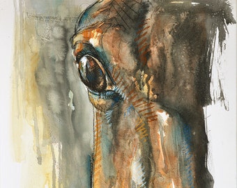 Contemporary Original Fine Art, Watercolor, pastels and Black Chalk Painting of a Horse Eye, Animal Art