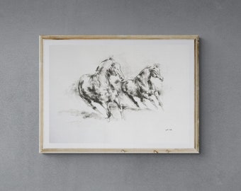 Original Charcoal Drawing of two Horses which impose themself for hierarchy