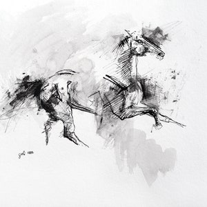 Original Black Ink Art Painting of an Expressive Galloping Horse image 1