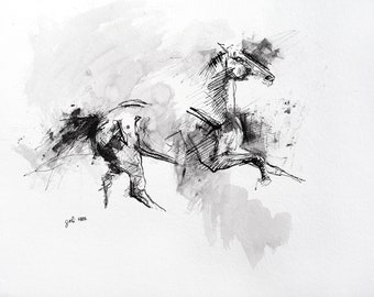 Original Black Ink Art Painting of an Expressive Galloping Horse