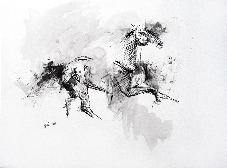 Original Black Ink Art Painting of an Expressive Galloping Horse image 1