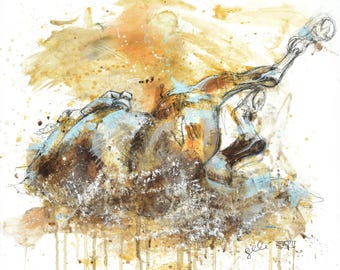 May include: Abstract watercolor painting of a brown horse with a blue and white background. The horse is in mid-air, with its legs extended. The painting is done in a loose, expressive style, with splashes of color and drips of paint.