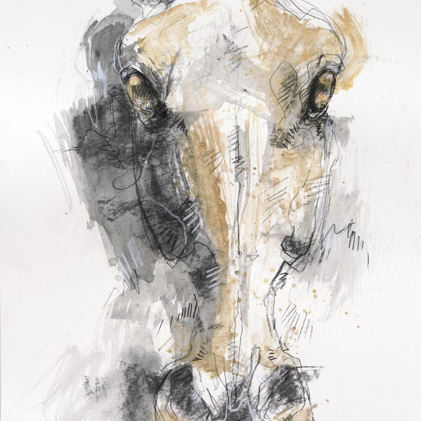 Peinture d'art en technique mixte d'une tête de cheval moderne et expressif