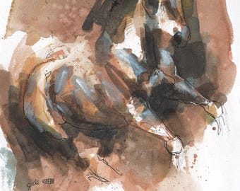 Art Painting of a Galloping Horse with Watercolor and Ink