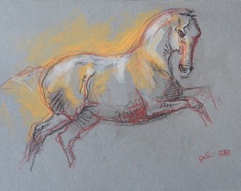 Pencil Drawing on gray paper of a dynamic horse