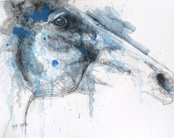 Original Watercolor Art Painting of a Blue Horse Head