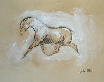 Mixed media drawing of a Trotting Horse, Animal Art, Contemporary Original Fine Art