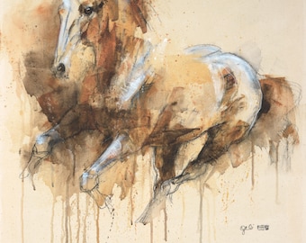 Original and Modern Painting on Canvas of an Expressive Galloping Horse