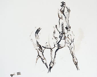 Equine Art, Animal, Modern Original Fine Art, Ink and Reed Pen Drawing of Horse on Paper, Expressive Art, Dressage Horse